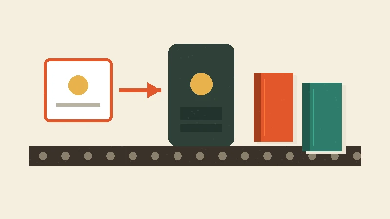 Idea card entering a machine and exiting as finished books on a belt
