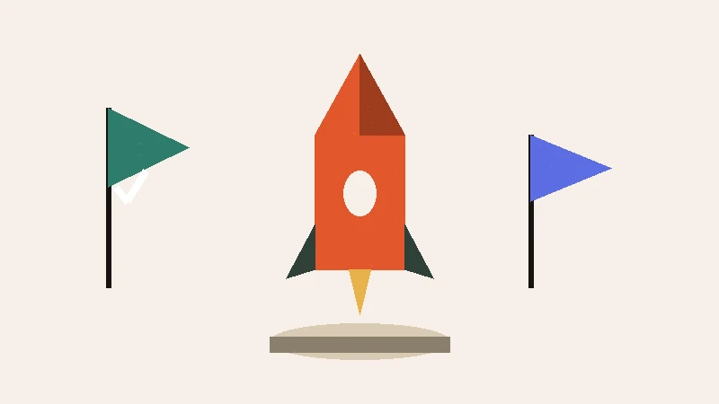 Book rocket on a launch pad with green and blue checklist flags