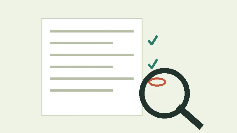 Magnifier over a document page with checks and one flagged line
