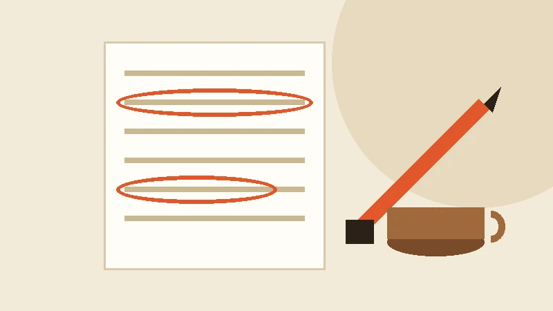 Red pen circling sentences on a printed manuscript beside a coffee cup