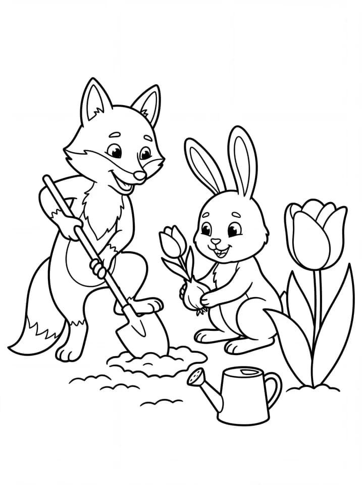 Generated coloring page of a friendly fox and rabbit planting tulips, with bold outlines and open coloring spaces