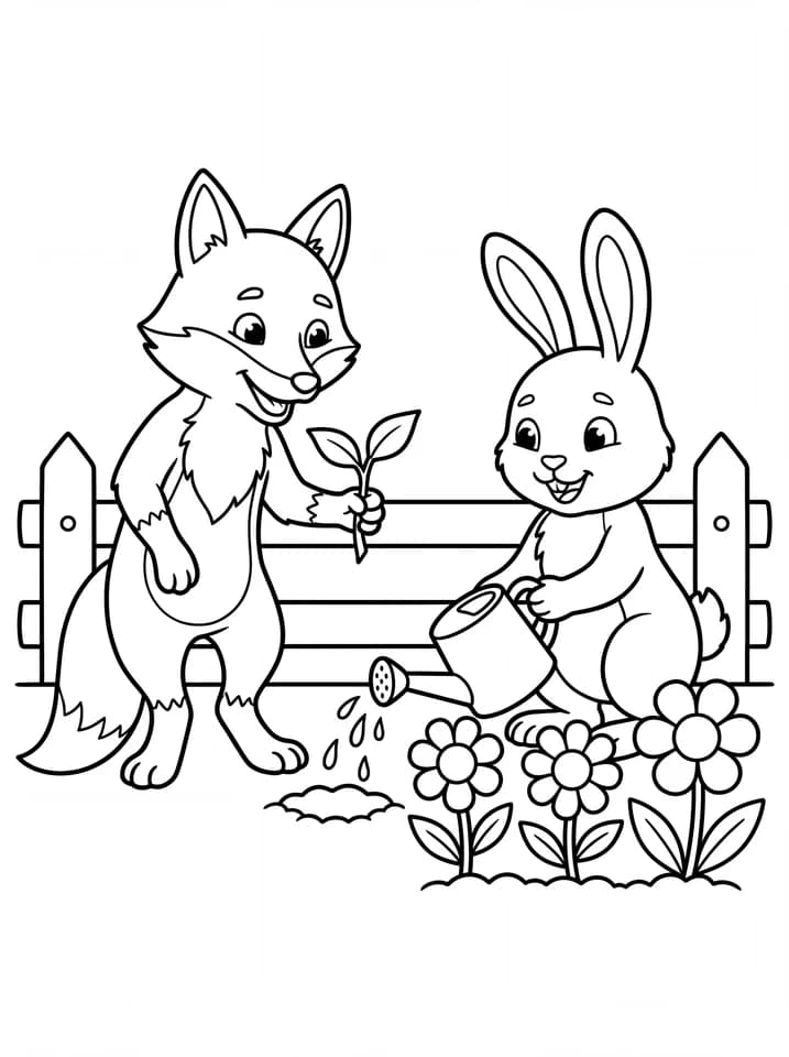 Generated line-art page of a fox holding a seedling and a rabbit watering garden flowers