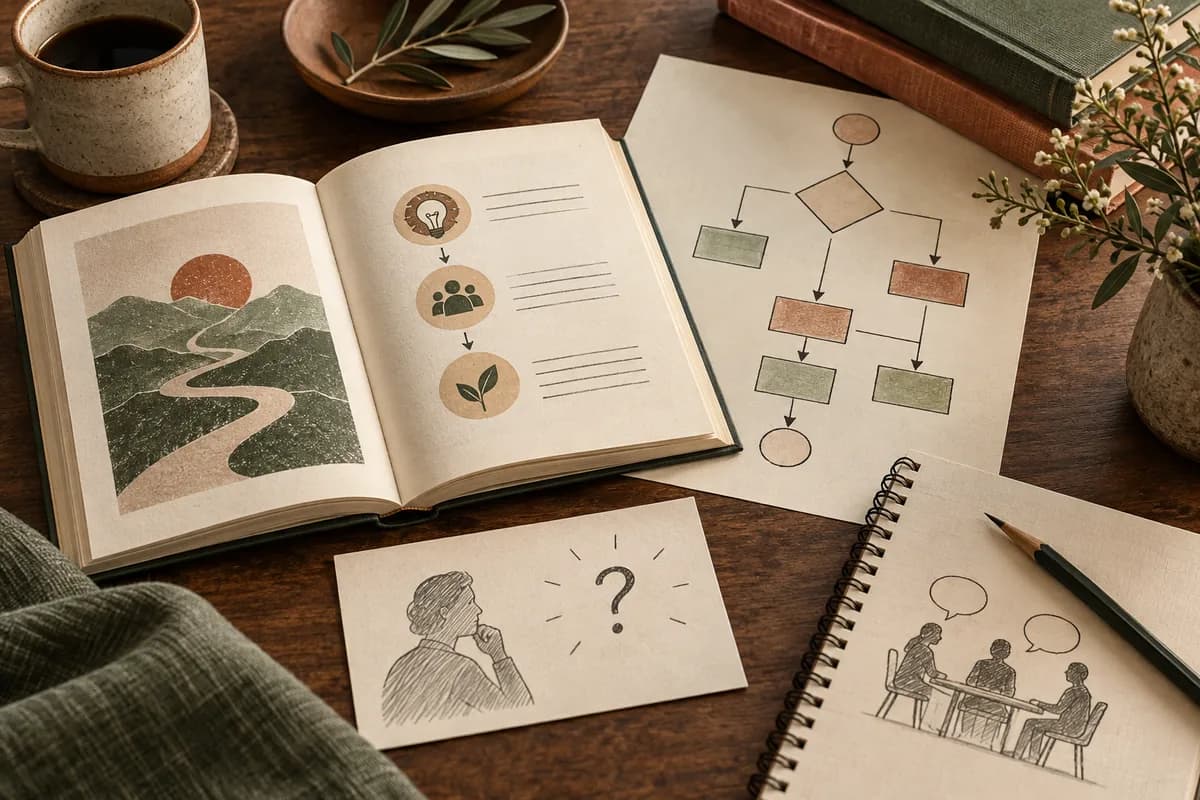 An illustrated book, client question card, notebook, and decision-tree sketch on a desk.