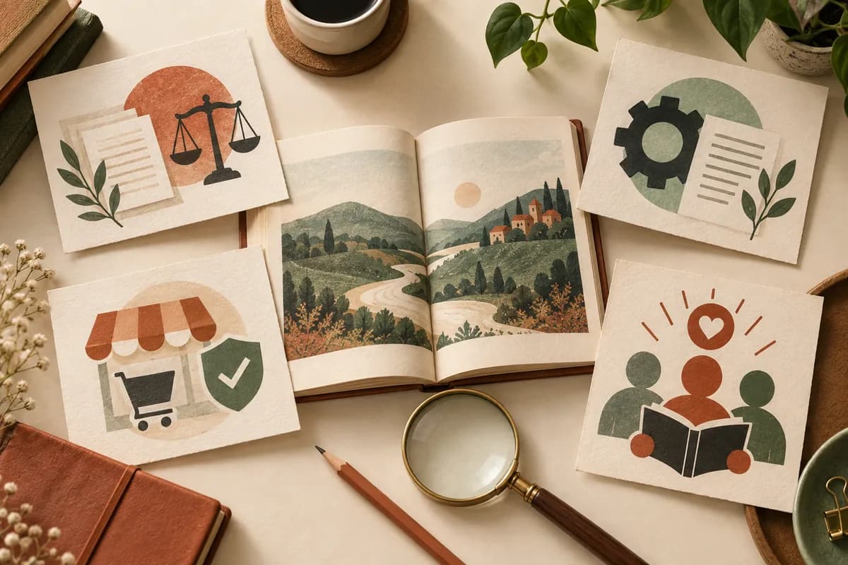 An illustrated open book surrounded by symbolic cards for rights, terms, stores, and reader trust.