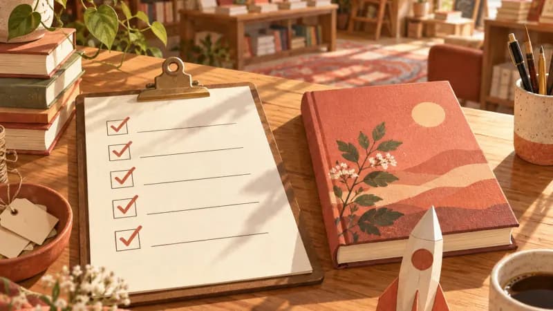 Launch checklist with checked files, cover, and copy tasks