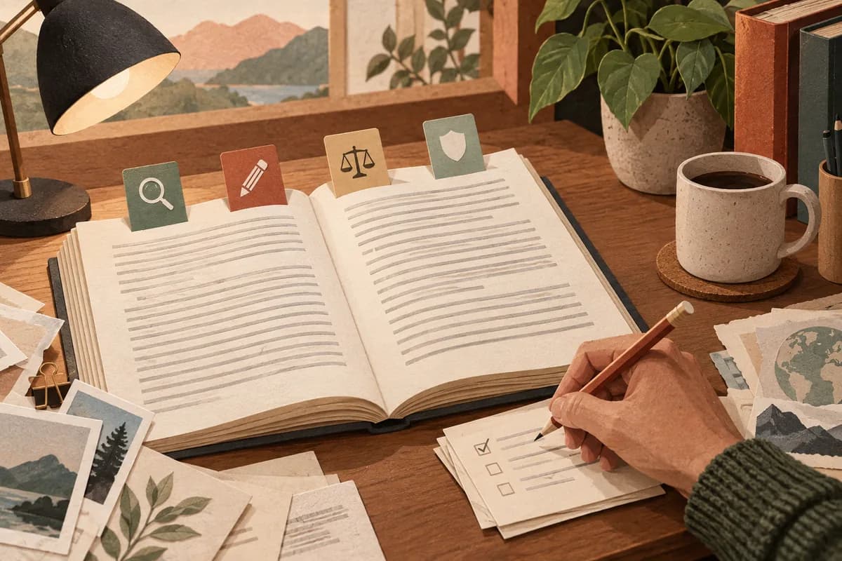 A hand checks a manuscript beside four evidence and responsibility tabs.
