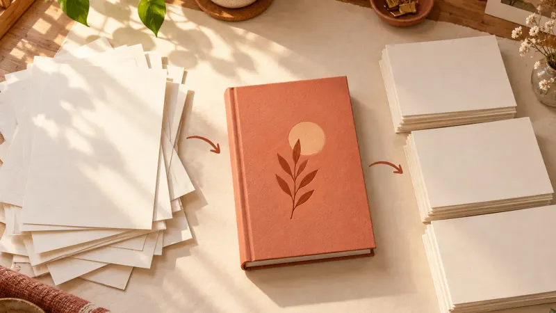 Author desk with an outline turning into finished ebook chapters