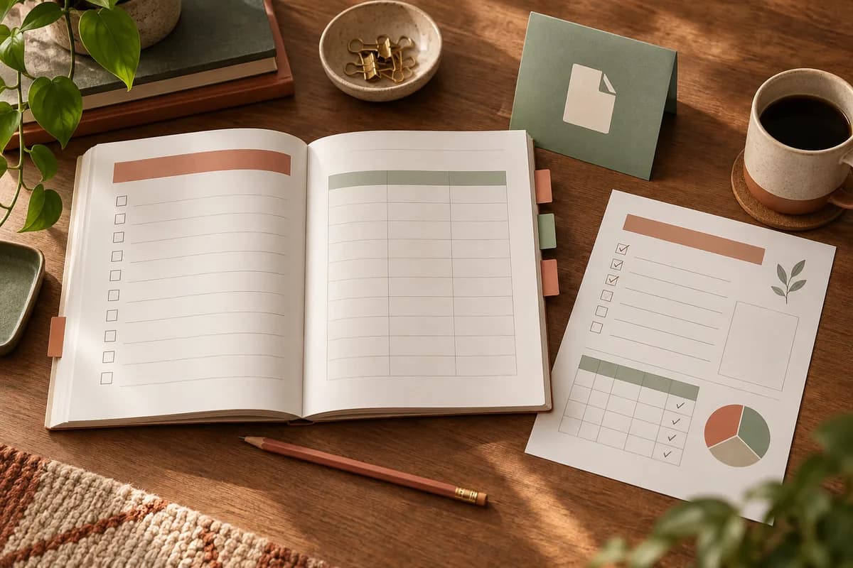 An illustrated workbook with exercise pages, a checklist, and a digital file card.