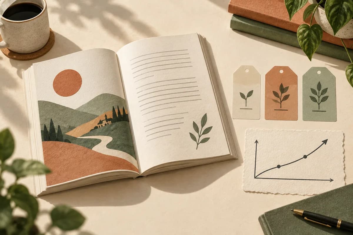 An illustrated open book with price tags and a simple rising curve on a warm desk.