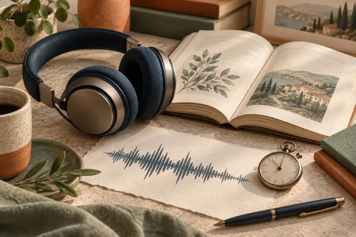 Headphones, an open book, a paper waveform, and a stopwatch.