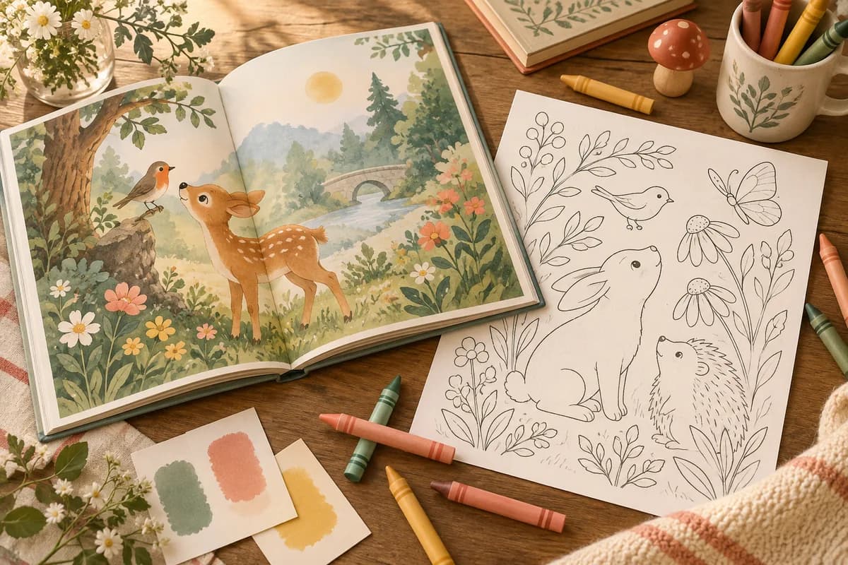 An illustrated children's book beside a blank coloring page and crayons.