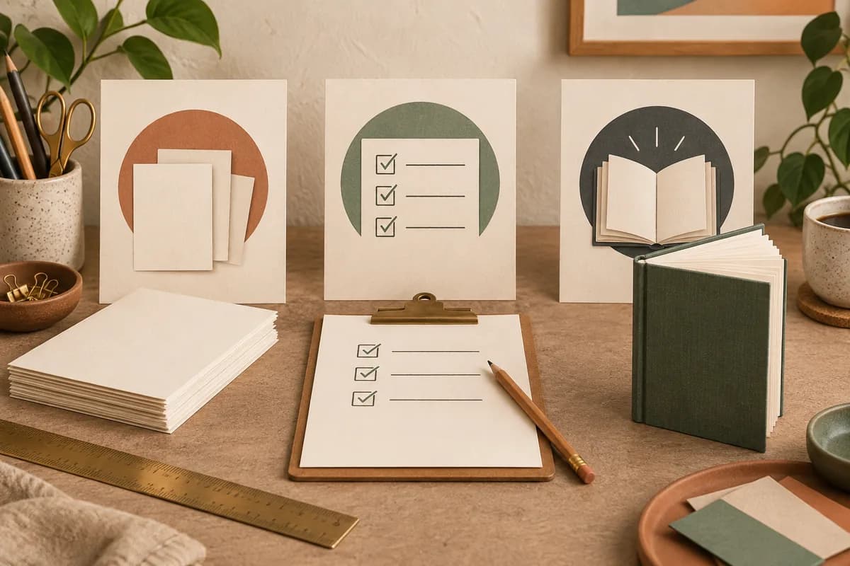 Three unbranded publishing workstations represented by paper cards and a checklist.