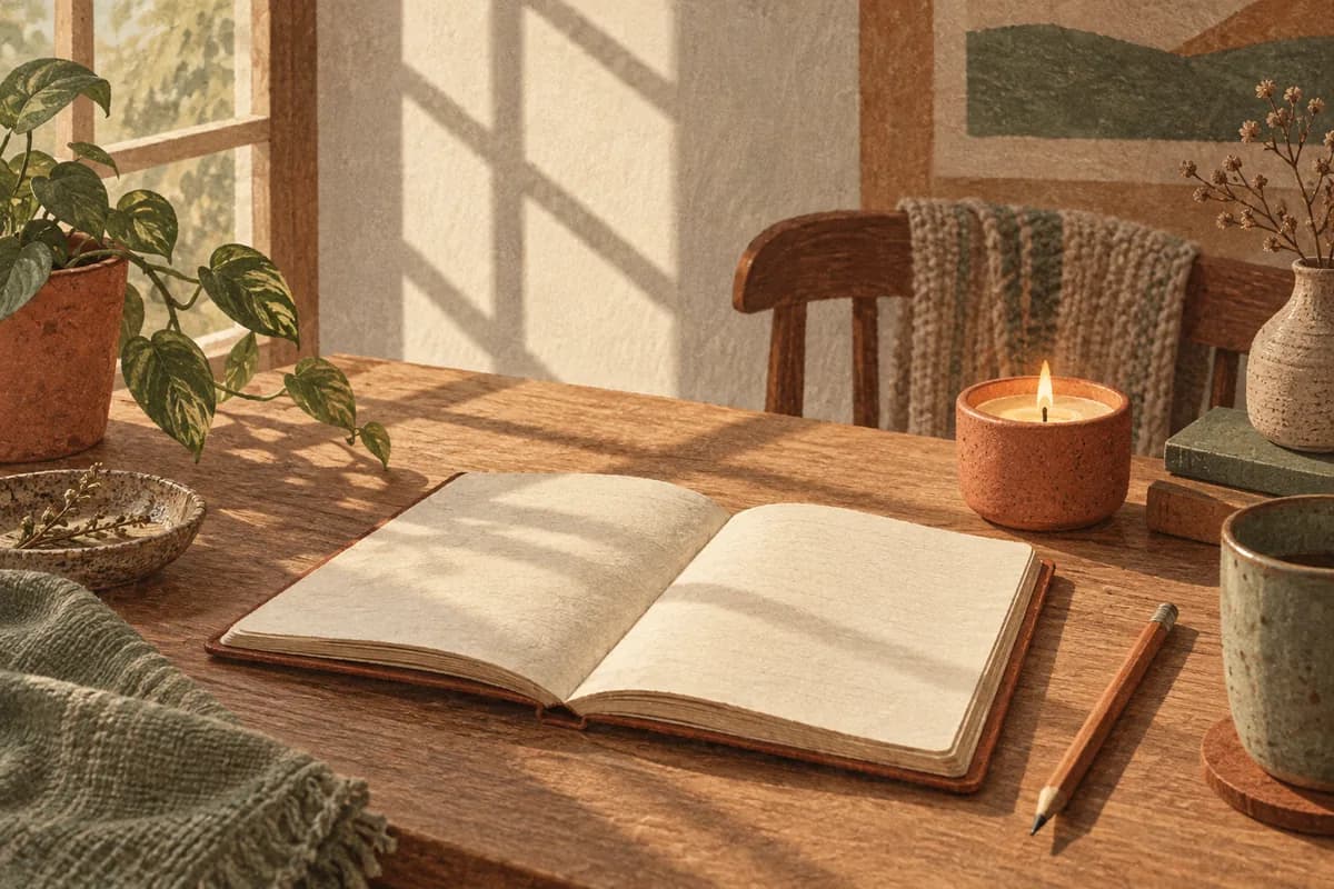 An open reflective notebook and candle in soft window light.