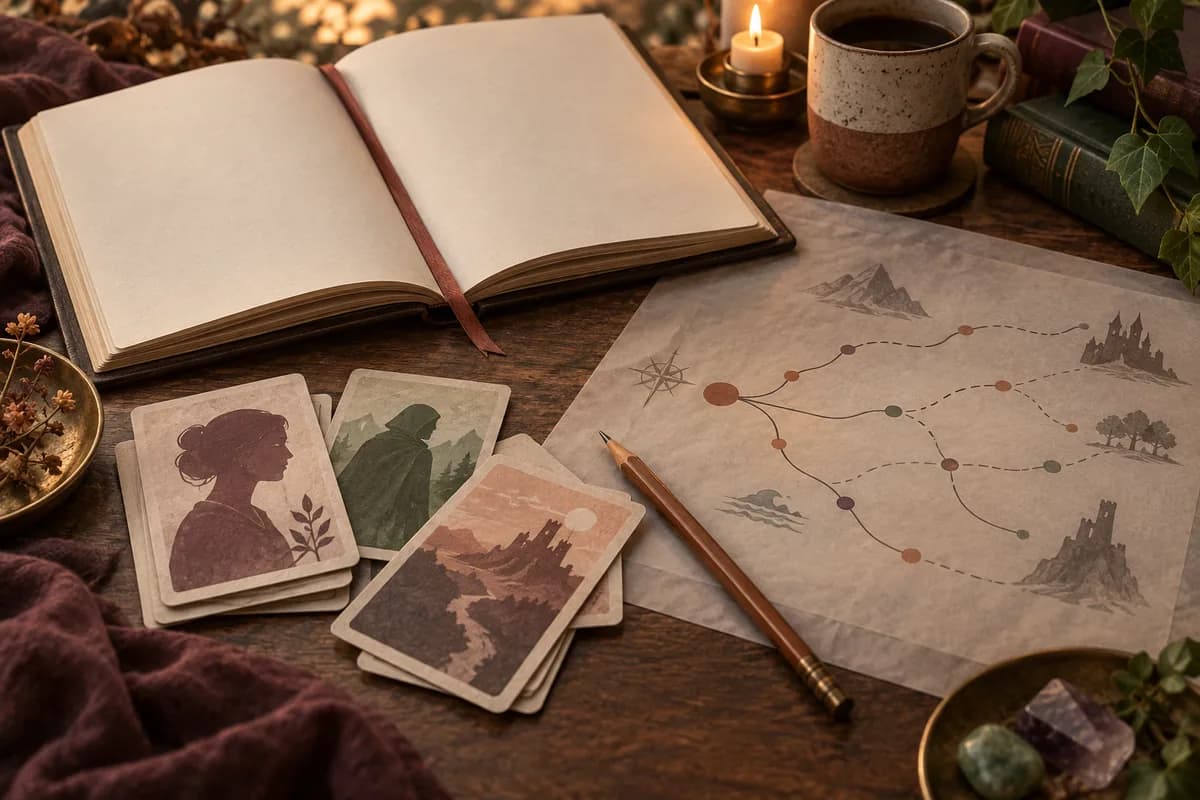 A manuscript, character cards, and branching plot map on a writer's desk.