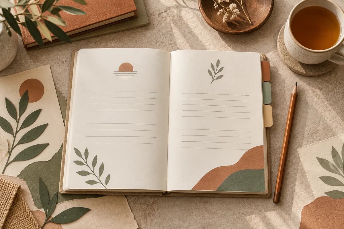 Un diario abierto con líneas de reflexión, formas botánicas, pestañas y una taza de té.