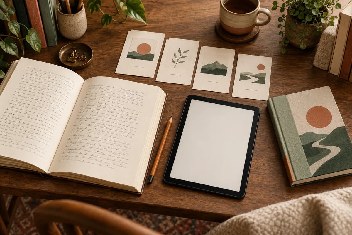 Un manuscrito abierto, fichas de capítulos, una pantalla vacía y un libro breve terminado.