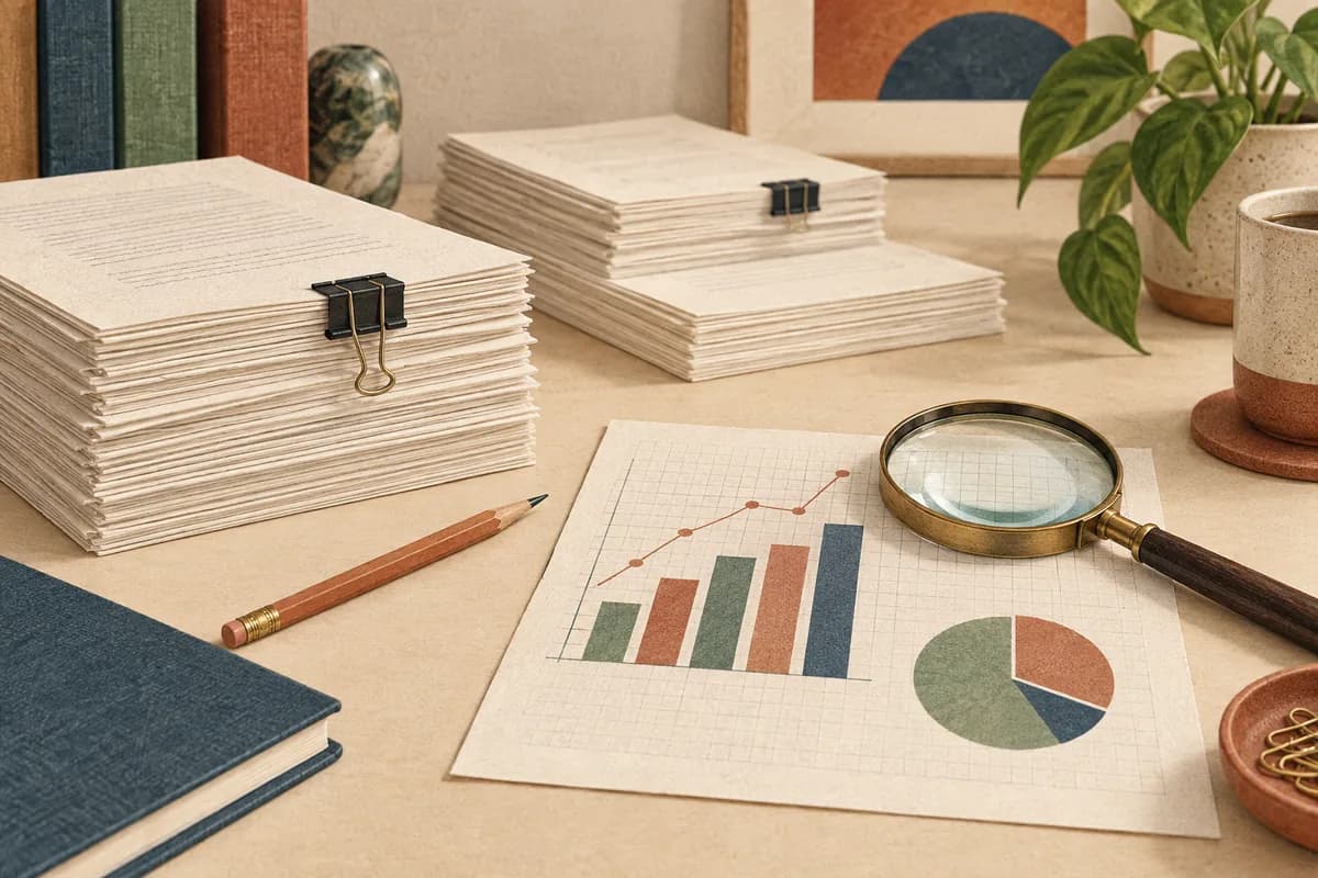 Manuscript stacks, a chart, and a magnifying glass on a publishing research desk.
