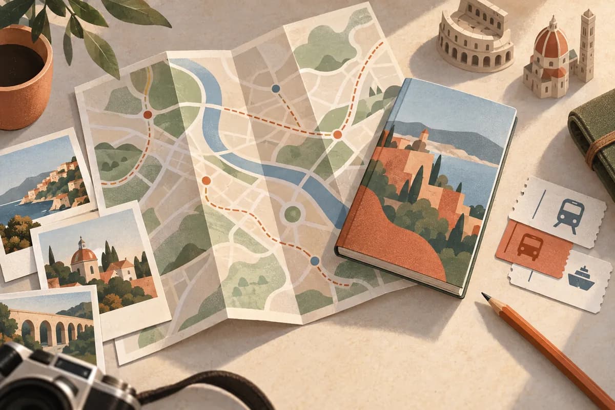 A folded route map, travel guidebook, transit shapes, and pencil.