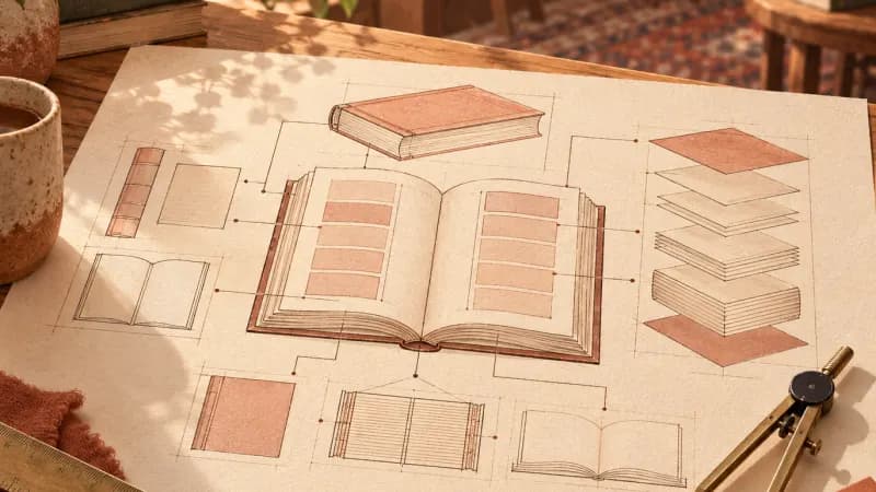 A five-chapter book outline spine sketched on cards