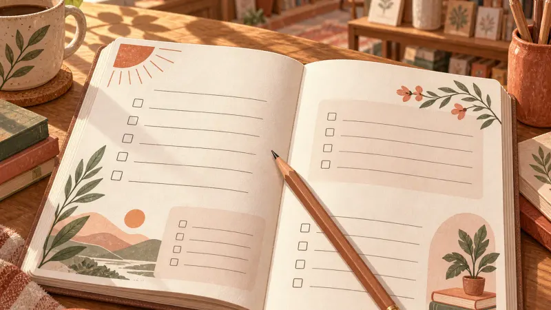 A workbook draft with prompt pages, exercises, and its cover